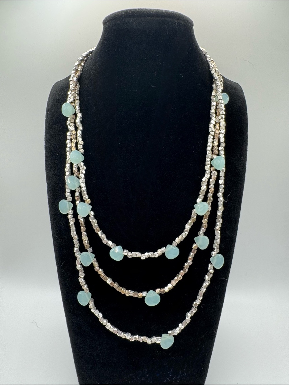 White House Black Market Triple Strand Silver and Mint Green Beaded Necklace